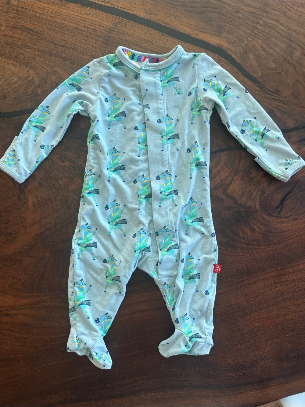 Magnetic Me Light Blue Footed One-Piece with zebra Animal Print